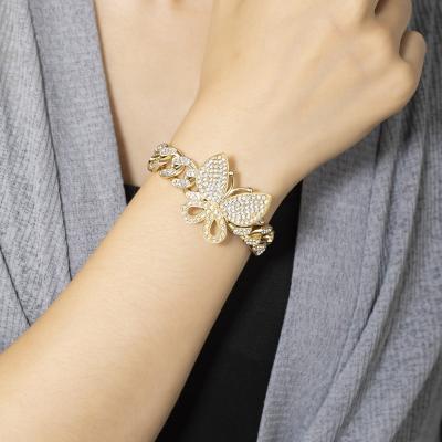 China New Hiphop Style 18K Gold Plated Zircon Diamond Butterfly Gold Cuban Link Charm Iced Out Bracelet For Women for sale