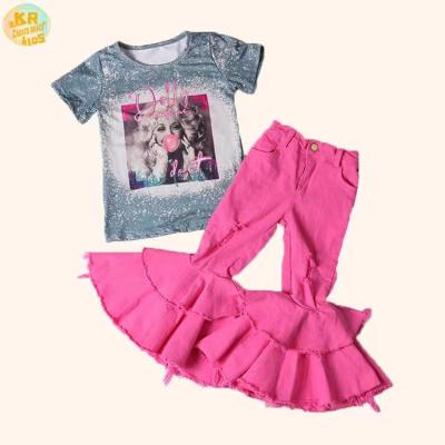 China Formal Wholesale Customizable Customizable Toddler 2 Pcs Short Sleeve Boutique Bell Outfits Kids Girls Bottom Outfit for sale