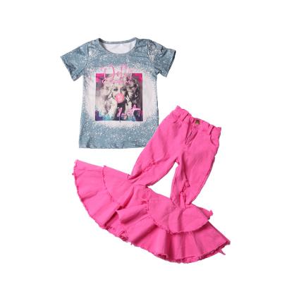 China Summer casual children's boutique babies clothing set pink denim kids bell bottom sets for infant for sale