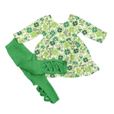 China Antibacterial Babies Ruffle Design Tunic Kids Fashion St Patrick's Day Green Color Toddler Clothes Sets Legging for sale