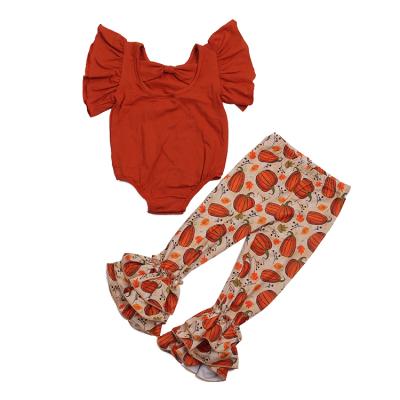 China Halloween Sweet Red Silk Party Cloche-bottom Printing Pumpkin Milk Overalls Baby Cotton Two Piece Set for sale