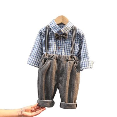 China Formal Custom Shirt+Gray Pant Boy Gentleman Suit 2-Piece Kids Suits Autumn Boys Plaid Kids Clothes Cotton Spring Set for sale