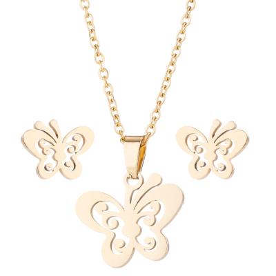 China Trendy Wholesale Fashion Women Jewelry Set Simple Butterfly Pendant Necklace Stainless Steel Necklace Earring Chain Set for sale