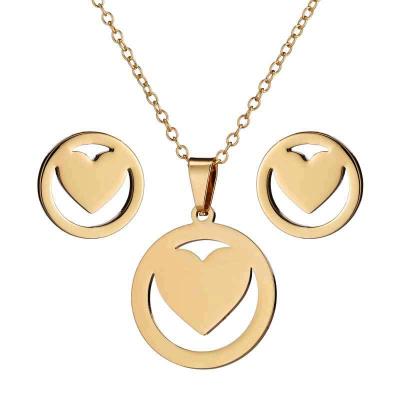 China Wholesale Fashion Women Jewelry Heart Pendant Necklace Earring Set Round Stainless Steel Gold Plated Necklace Set for sale