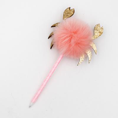 China Cute Children's Pen With Colored Crab Pompom Topper Ball Pens Tip Inscription for sale