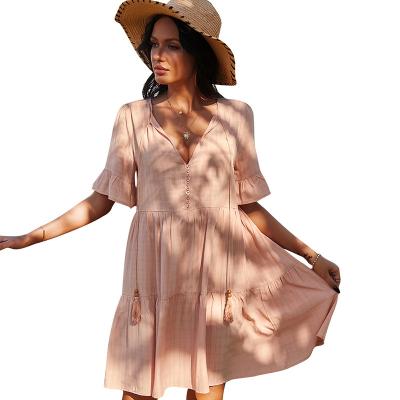 China 2021 newest spring and summer anti-static ladies loose floral v-neck bohemian casual dress for sale