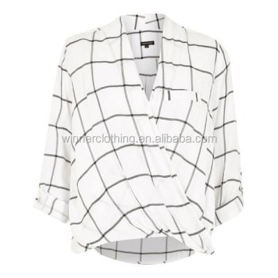 China 2014 Ladies Plaid Casual Good Quality Black White Wrap Front Anti-pilling Blouse Twist Front Blouse for sale