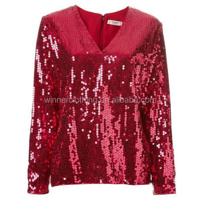 China Charming V Neck Women's Anti-Pilling Long Sleeve Red Sequin Tops for sale