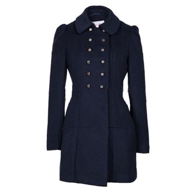 China Women's Anti-Shrink / Poly Pictures Wool Coat In Dark Blue Color With Collar And Long Sleeve for sale