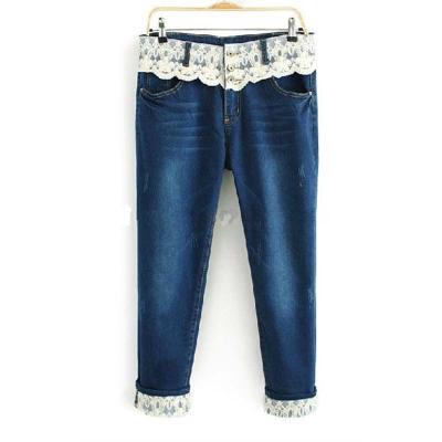 China Elegant Lace Anti-pilling Embellish Belt Garment Factory Denim Pants for sale