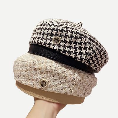 China Newest Korean Character Style Women Girls Houndstooth Design Winter Beret Hat Diamond Decoration Luxury Ladies Beret Winter Hat for sale