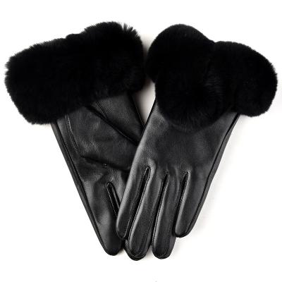 China Elegant Black Women's Rabbit Fur Decoration Finger Ladies Sheepskin Warm Leather Luxury Solid Winter Gloves Full Driving Traveling Gloves for sale