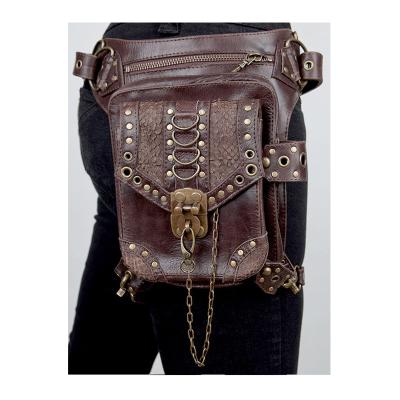 China Hot Sale Retro Hip Hop Hip Hop PU Leather Waist Bag With Willow Nail Designer Women Men Rock Classic Motorcycle Brown Goth Punk Leg Bag for sale