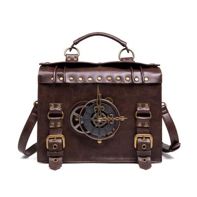 China Fashion Style Retro Clock Decoration Hip Hop Rock Shoulder Bag Design Luxury PU Brown Leather Men Women Gothic Steampunk Square Handbag for sale