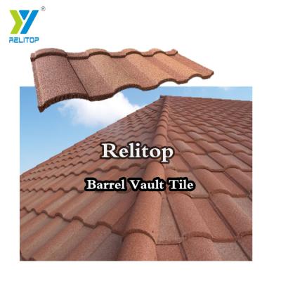 China Mediterranean Stone Coated Steel Barrel Vault Tile Santa Fe Color Villa Rooftop Sheet Metal Material Recyclable Roofing Tiles 0.35 0.4 0.5mm for sale