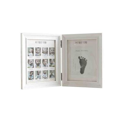 China Wholesale Home White Newborn Gifts Deco Baby Wooden Photo Frame Folding 12 Months Baby Handprint and Footprint Mud Photo Frame Kit for sale