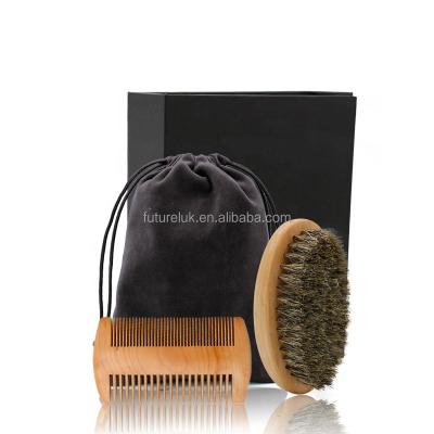 China OEM Private Label Portable Brush Comb Set Mens Facial Hair Growth Boar Hair Gift Set Portable Wooden Beard Mustache Brush and Comb Kit for sale