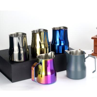 China Stored Unique Design Coffee Milk Jug Scale Measuring Cup Pull Flower Stainless Steel Espresso Milk Frothing Pitcher for sale