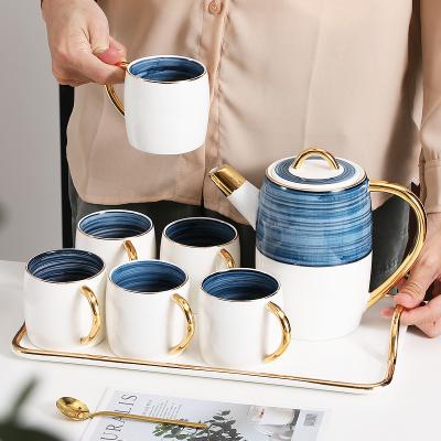 China Sustainable Modern Line Nordic Design Tea Set With Plate Tray / Porcelain Cups Teapot Tea Set for sale