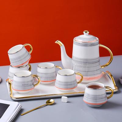 China Home Hotel Viable Items Used Creative Golden European Style Ceramic Tea Set Rim Cups Teapot Set Design With Tray for sale