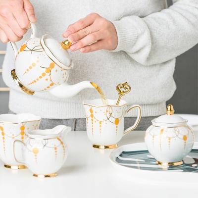 China European Coffee Design Decal Ceramic Tea Set in Cup Viable Modern Gold Teapot Saucer for sale