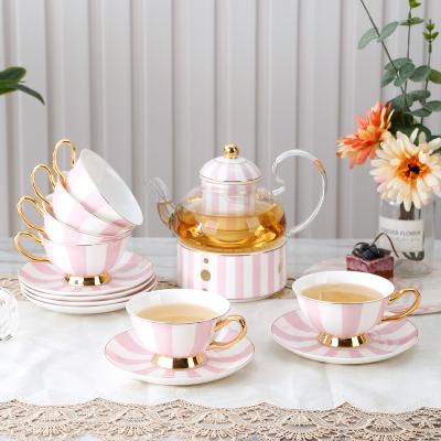 China Viable Pink Design Turkish Arabic Coffee Tea Cup Decal Set English Porcelain Tea Set Glass Teapot With Warmer for sale