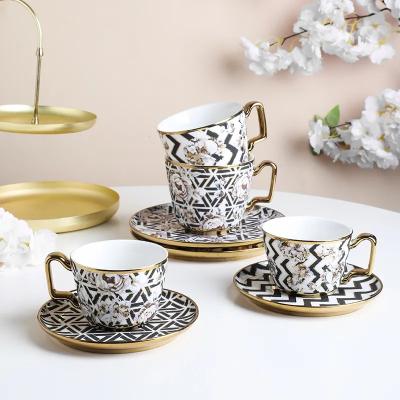 China Wholesale Coffee Stocked Used Ware Black Floral Pattern Turkish Coffee Mug Cup Coaster Set Arabic Ceramic Tea Cup And Saucer for sale