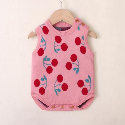 China Wholesale Lovely Lovely Baby Clothes Cherry Pattern Baby Girls Knitted Button Design Sleeveless Round Collar Vest Romper for sale