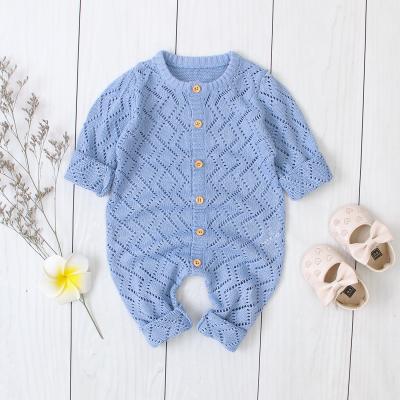 China Wholesale Lovely Lovely Hollow Onesies Solid Color Baby Clothes Long Sleeve Around Collar Button Design Loose Knitted Footed Romper For Babies for sale