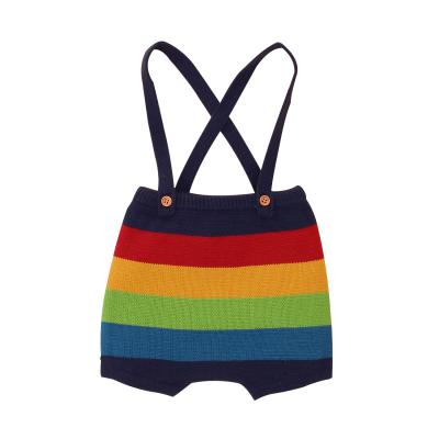 China Wholesale QDH Lovely Lovely Baby Clothes Button Design Rainbow Sleeveless Bar Pattern Lovely Baby Knitted Suspender Pants for sale