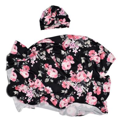 China Breathable Breathable Baby Wraps Cloth Ear Cloth Hat Costume Wrap Newborn Rabbit Floral Print Wrap Hat Set New Fashion 2pcs For Babies for sale