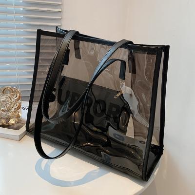 China 2021 New Fashionable High Quality Beach Large Capacity Handbag Transparent Black Women Shoulder Tote Bag for sale