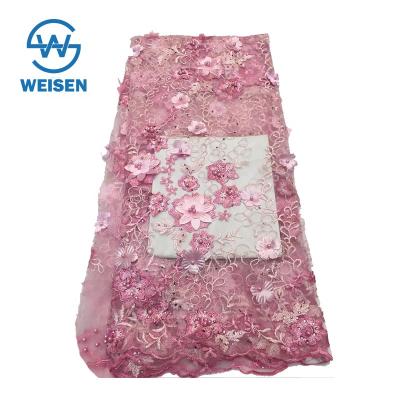 China Sustainable Pearl Embroidery Beaded Mesh Embroidered Applique 3d Flower Lace Fabric 2019 for sale