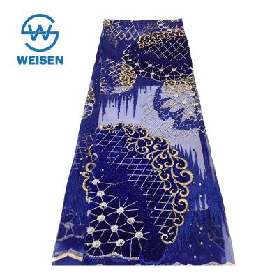 China High Quality French Royal Blue Viable African Embroidery Beaded Tulle Pearl Lace Fabric for sale