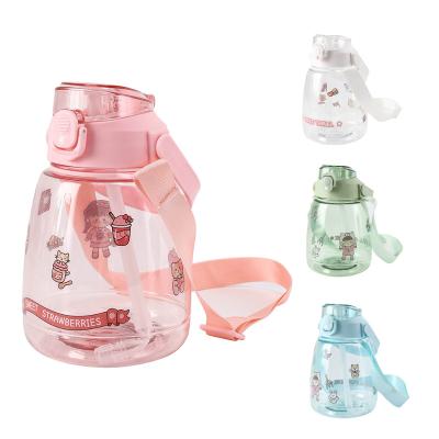 China Porcelain Made Viable 1100ml Cheap Plastic Cute Cartoon Straw Large Capacity Transparent Water Bottle With Strap for sale