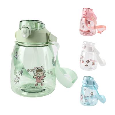 China Porcelain Made Viable 1100ml Cheap Plastic Cute Cartoon Straw Large Capacity Transparent Water Bottle With Strap for sale