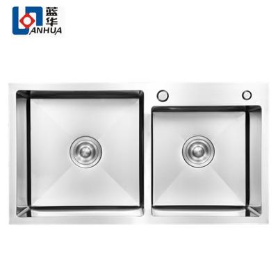 China Without Faucet Elegant France Hot Sale Handmade Double Sink Brushed Stainless Steel Kitchen Sinks (78 x 43 x 22 cm) for sale