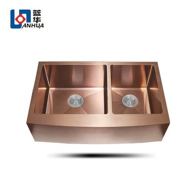 China Without Faucet Rose Gold Used Farmhouse Double Bowl Stainless Steel Apron Sink for sale