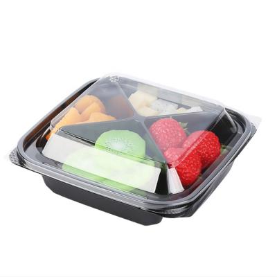 China food safe material & Crystal Clear Wholesale Plastic Disposable Packaging RPET/PET 350g Square Black Platter Salad Fruit Box for sale