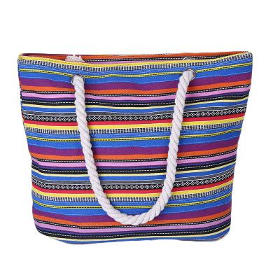 China Factory Wholesale High Quality Striped Hemp Rope Three-color Canvas Travel and Leisure Women's Carry Bag for sale