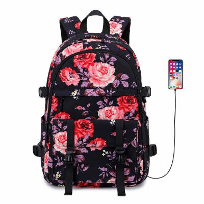 China With School Bag Printing Korean Outdoor Flower Student Leisure Bag Oxford Cloth USB 2022 Style Waterproof Backpack for sale