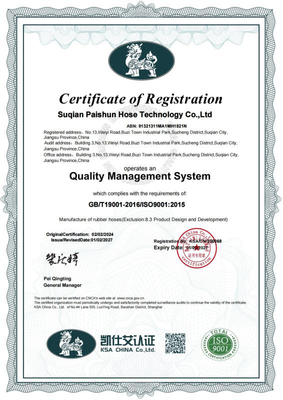 ISO9001:2015 - Hangzhou Paishun Rubber & Plastic Co., Ltd