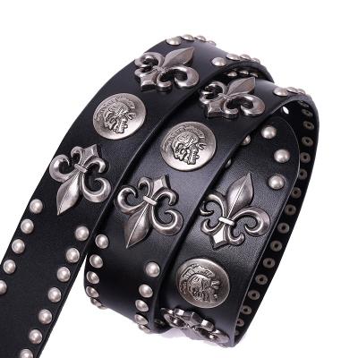 China Cowhide fashion punk rock skull studded cowhide casual genuine leather belts for women men jeans belt for sale