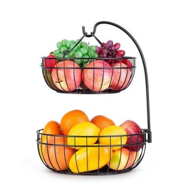 China Sustainable Hot Sale Kitchen 2 Tier Fruit Bowl Basket With Detachable Banana Hanger for sale