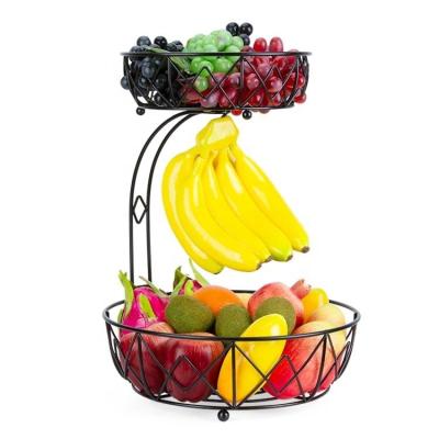 China Live Storage 2 Tier Sustainable Plant Vegetable Fruit Basket Bowl with Banana Hanger for sale