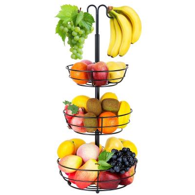 China Sustainable Fruit Basket 3-Tier Bowl Wire Fruit Bowls For Kitchen Countertop With Banana Hanger for sale