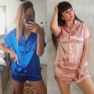 China Summer QUICK DRY Pajamas Set Pink Round Down Collar Faux Silk Satin Blue Short Sleeve Female Casual Pajamas for sale