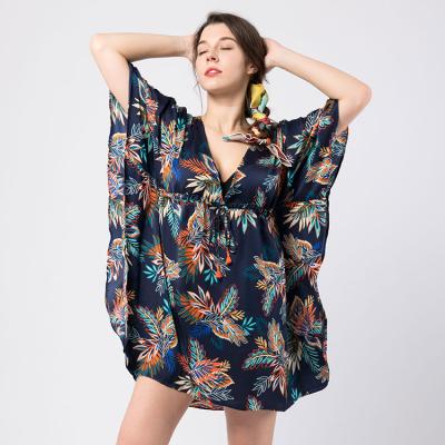 China Holiday Sunscreen Beach Anti-Static Dress Cover Up Swimwear Flower Printed Plus Half Waist Sheath V-Neck Women Beach Wear Casual Outfits for sale