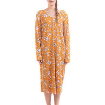 China New Breathable Cute Yellow Floral Print Pajamas Long Sleeve Nightgown Women Polyester Wholesale Chinese Pajamas Dress for sale