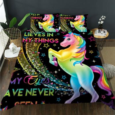 China 3D Unicorn Viable Style Polyester Fabric Duvet Cover Bright Instant Printed Bedding Set for sale